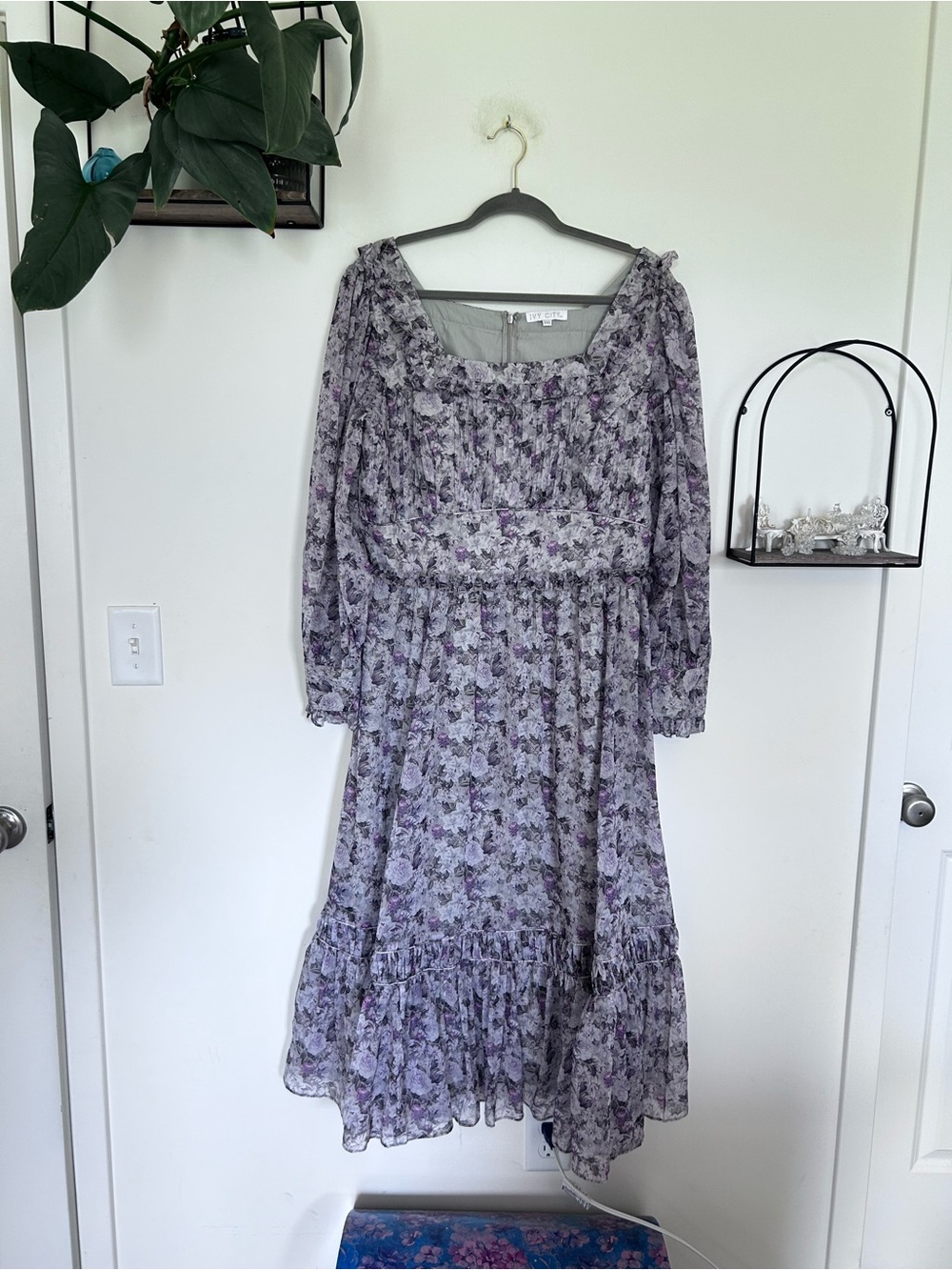 Ivy City Co Viola Floral Print Dusty Purple Long Sleeve Romantic Midi Dress XXL